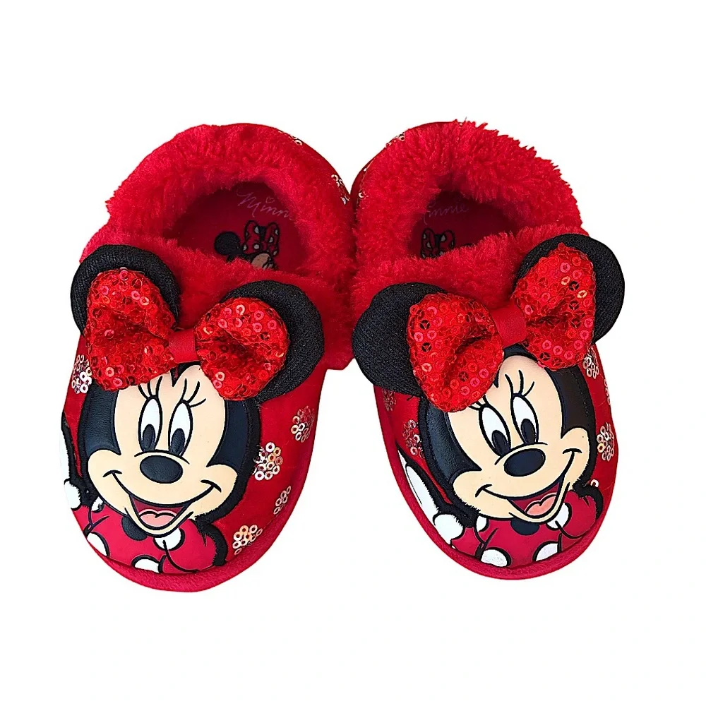 Disney Toddler Red Sequins Furry Soft Textured Soles Minnie Mouse Slippers 7-8